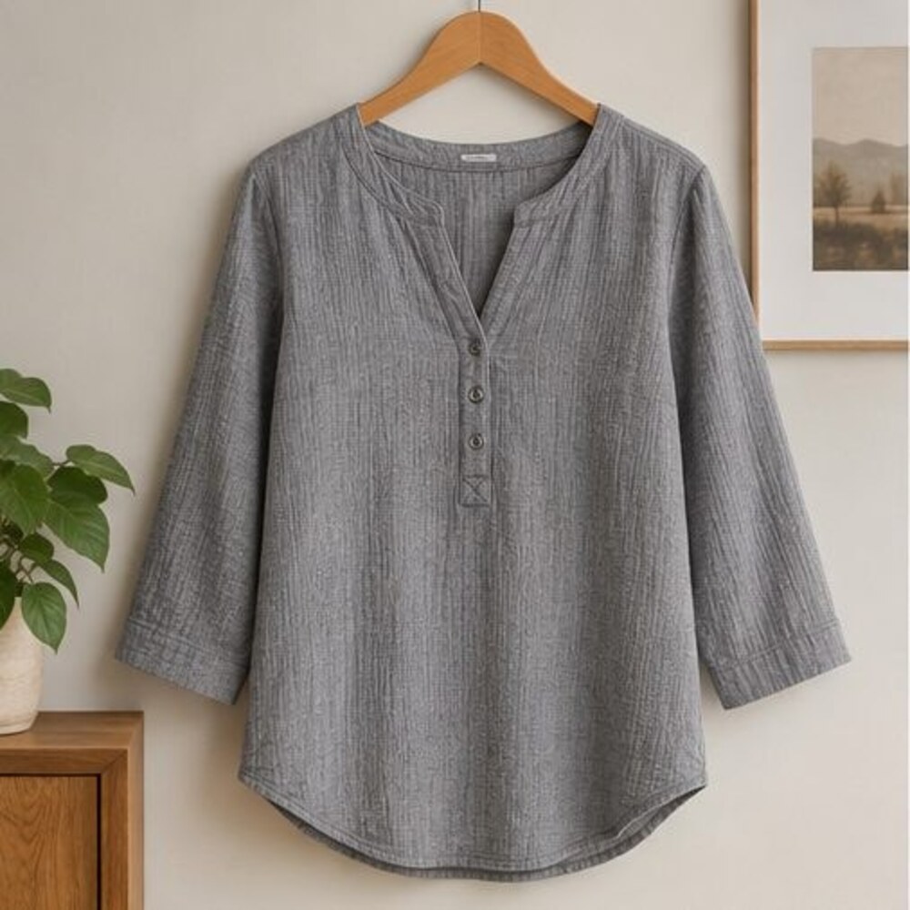 Gray Henley Notch Neck Blouse